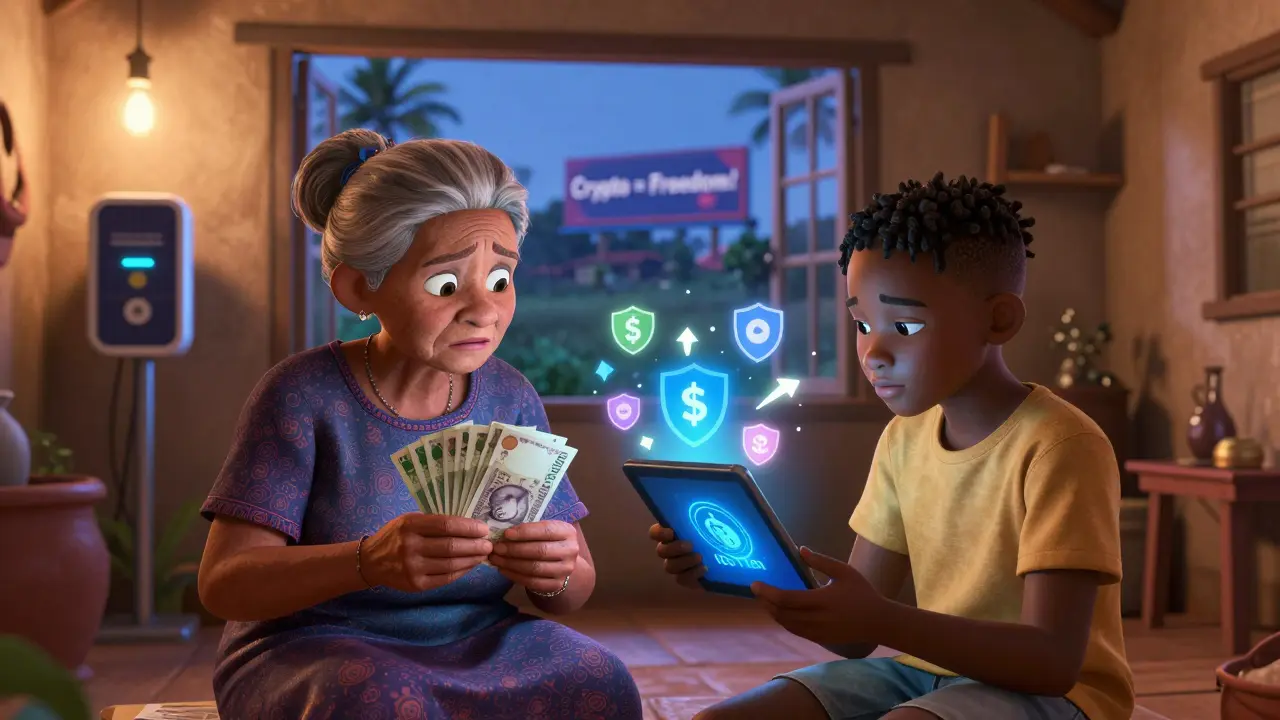 A Nigerian family learns to use crypto on a smartphone, with a solar charger outside and a 'Crypto = Freedom' billboard in the distance.