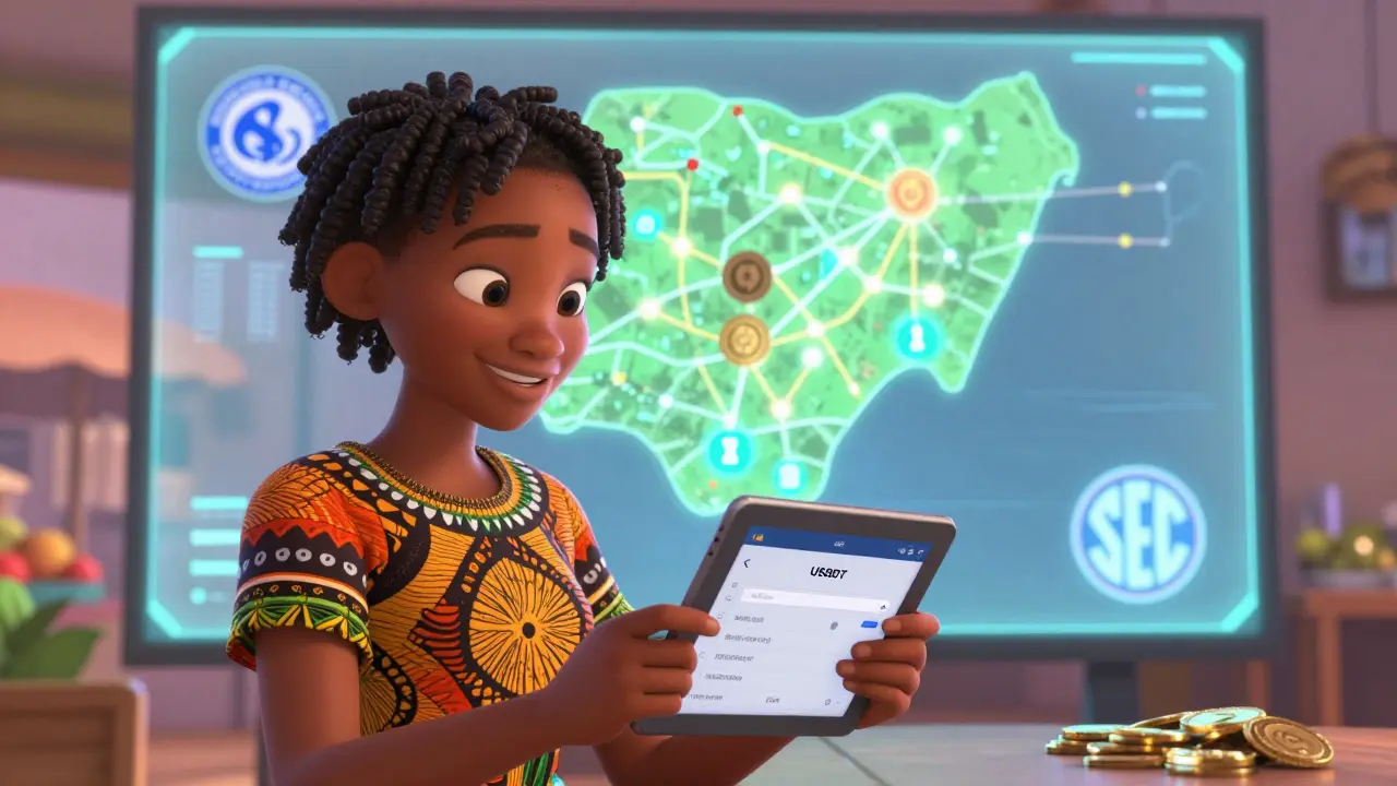 A Nigerian teen buying USDT on a licensed exchange, bank balance updating, holographic transaction map in background.