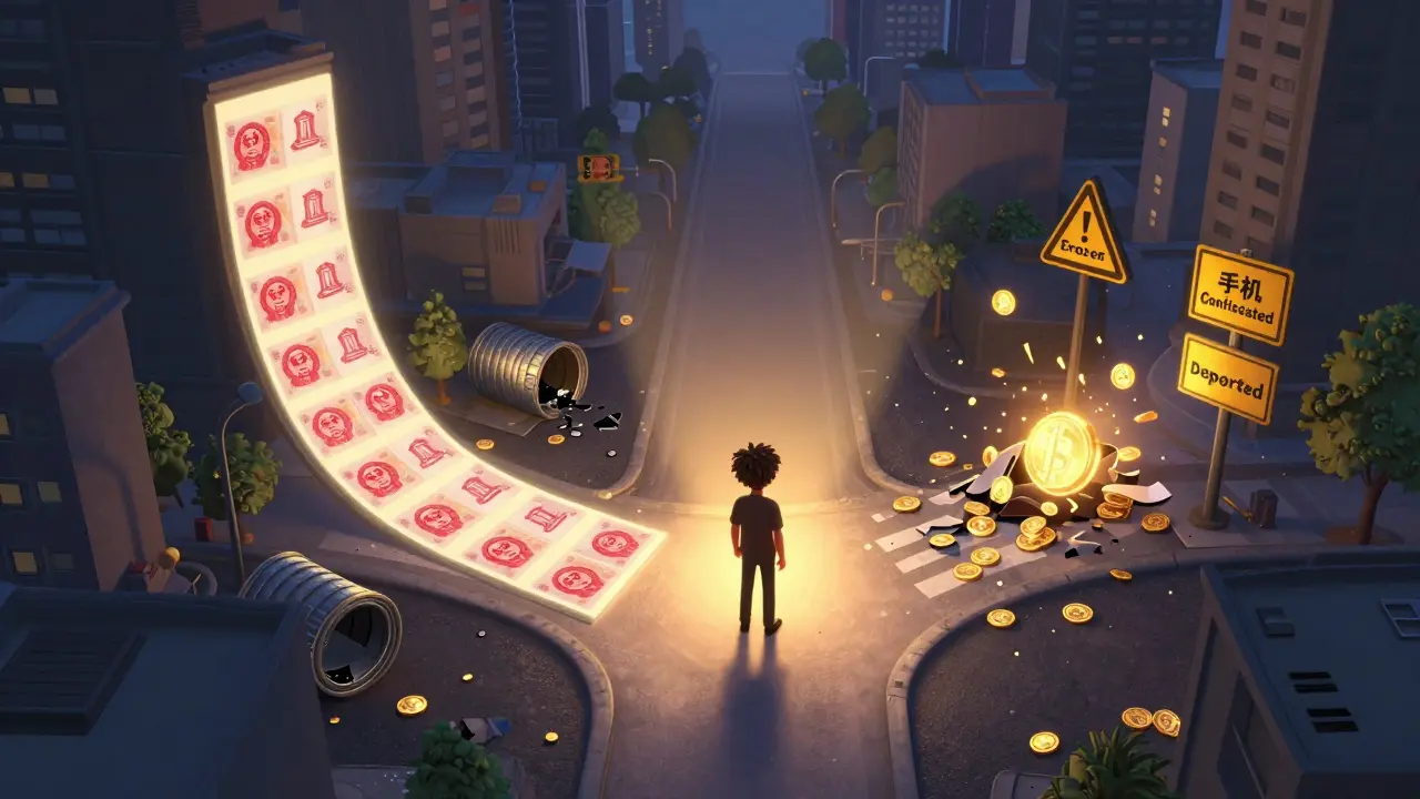 A person at a crossroads choosing between safe digital yuan transactions and dangerous crypto VPN paths.