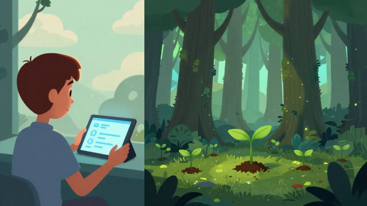 A person setting up automated crypto buys while their portfolio grows into a forest over time.