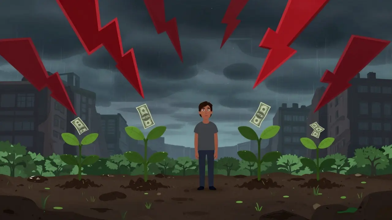A person standing calmly in a stormy bear market as 0 bills turn into growing trees.