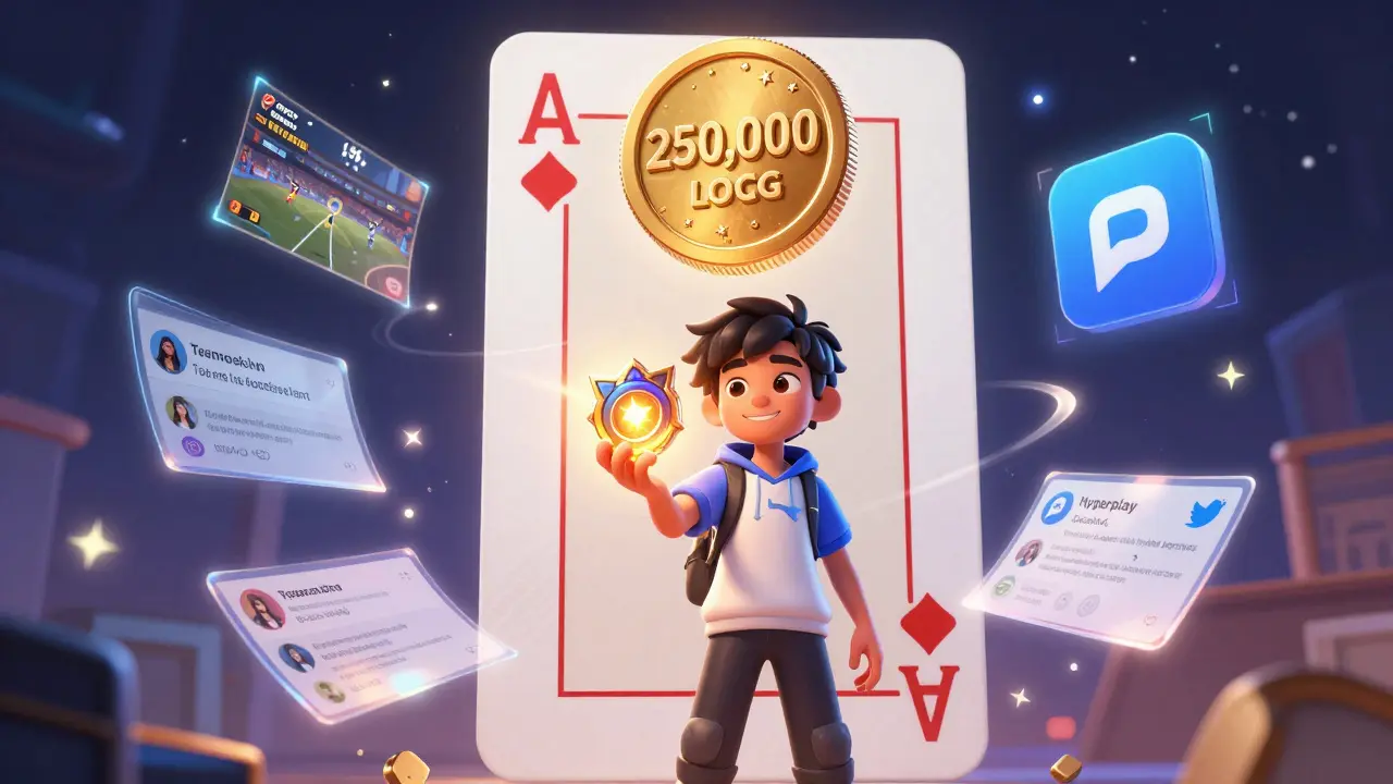 A player holding a glowing LOCG token as a portal of game activity swirls around them.