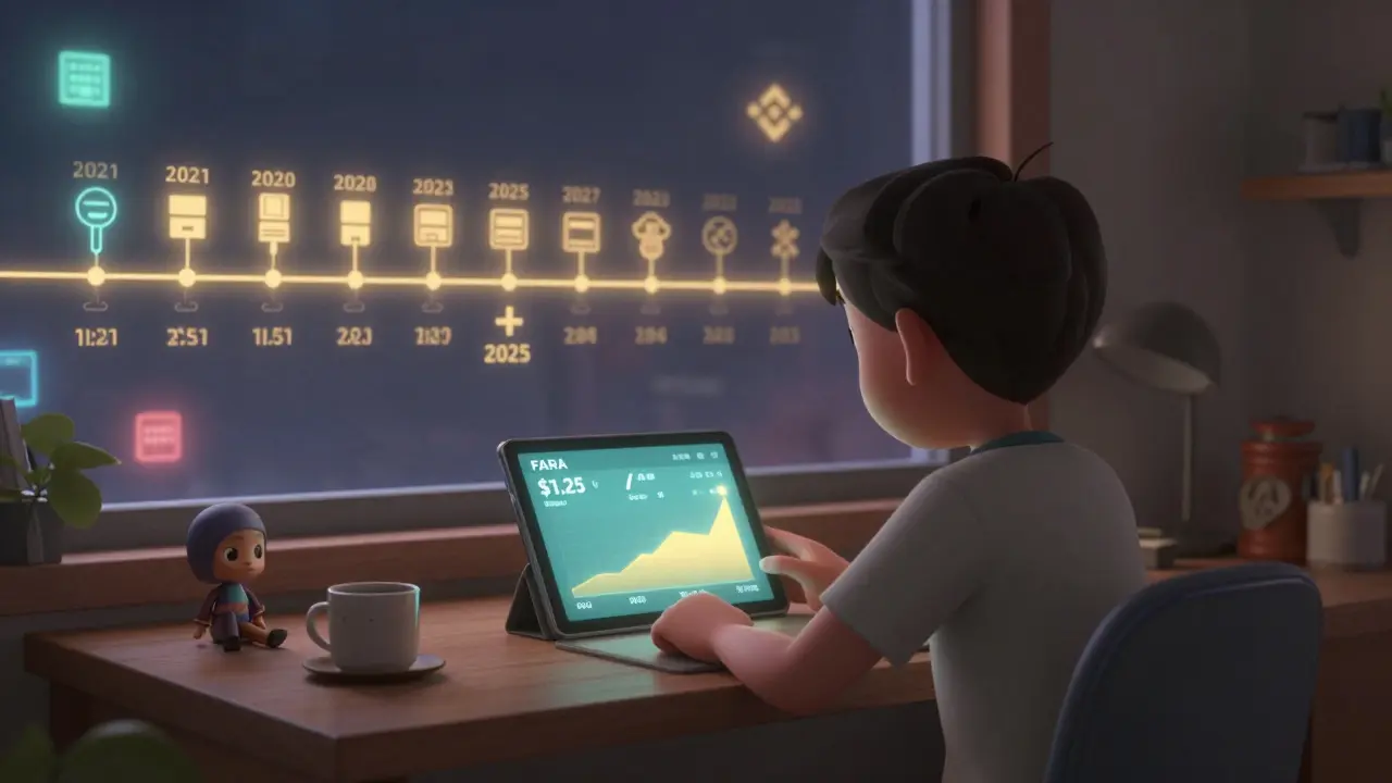 A player in 2025 views rising FARA price while an NFT figurine sits beside a coffee cup.