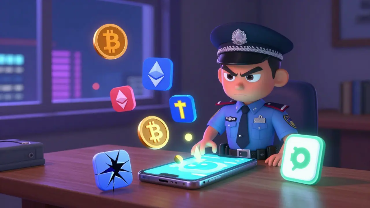 A police officer confiscating a phone spilling crypto coins, while a digital yuan app glows safely on the table.
