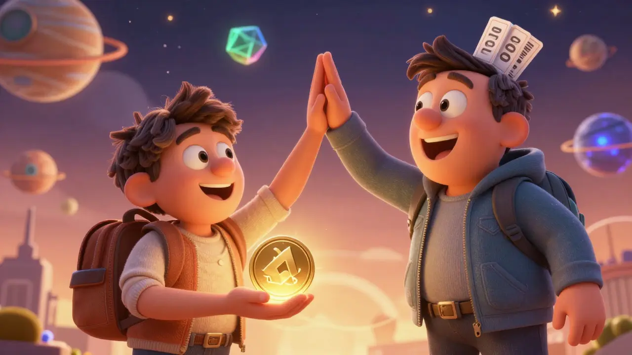A small person holding one glowing MOONED token while a taller person with many tickets shares a high-five.