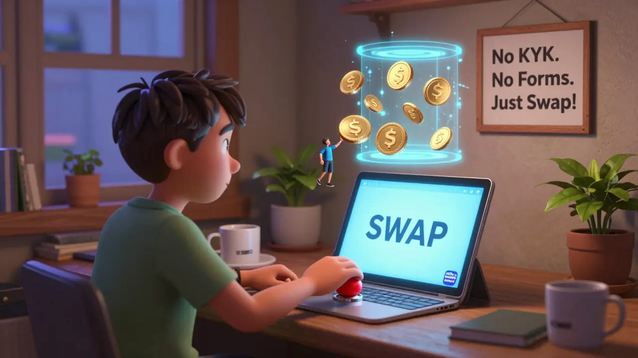 A trader pressing a big &#039;SWAP&#039; button while ETH transforms into SOL via a glowing portal.