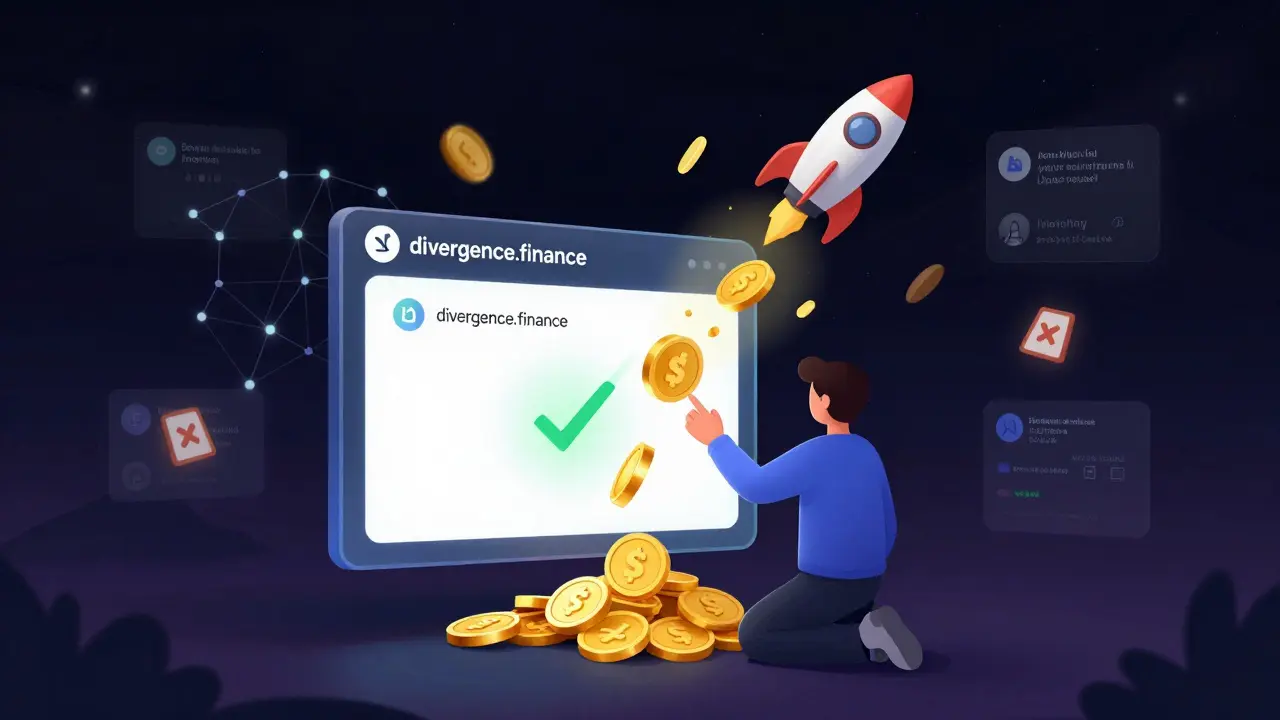 A user interacting with the official divergence.finance platform while fake airdrop scams fade away in the background.