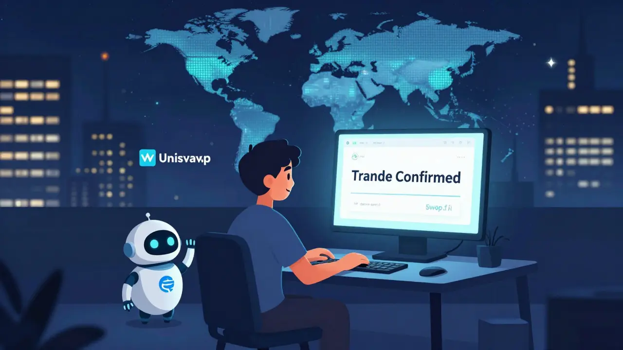 A user smiling at a Swop.fi trade confirmation while global DEXs glow brightly in the distant skyline.