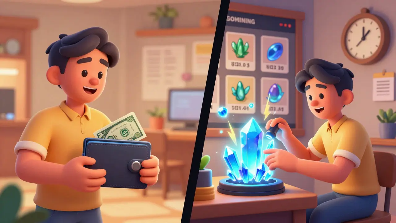 A user withdrawing $GOMINING tokens and upgrading a digital miner, with a marketplace and countdown clock in the background.