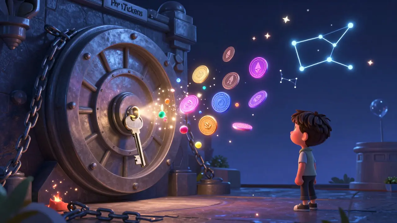 A vault of private tokens unlocking with a CONV token key, releasing tradable assets into a cross-chain portal.