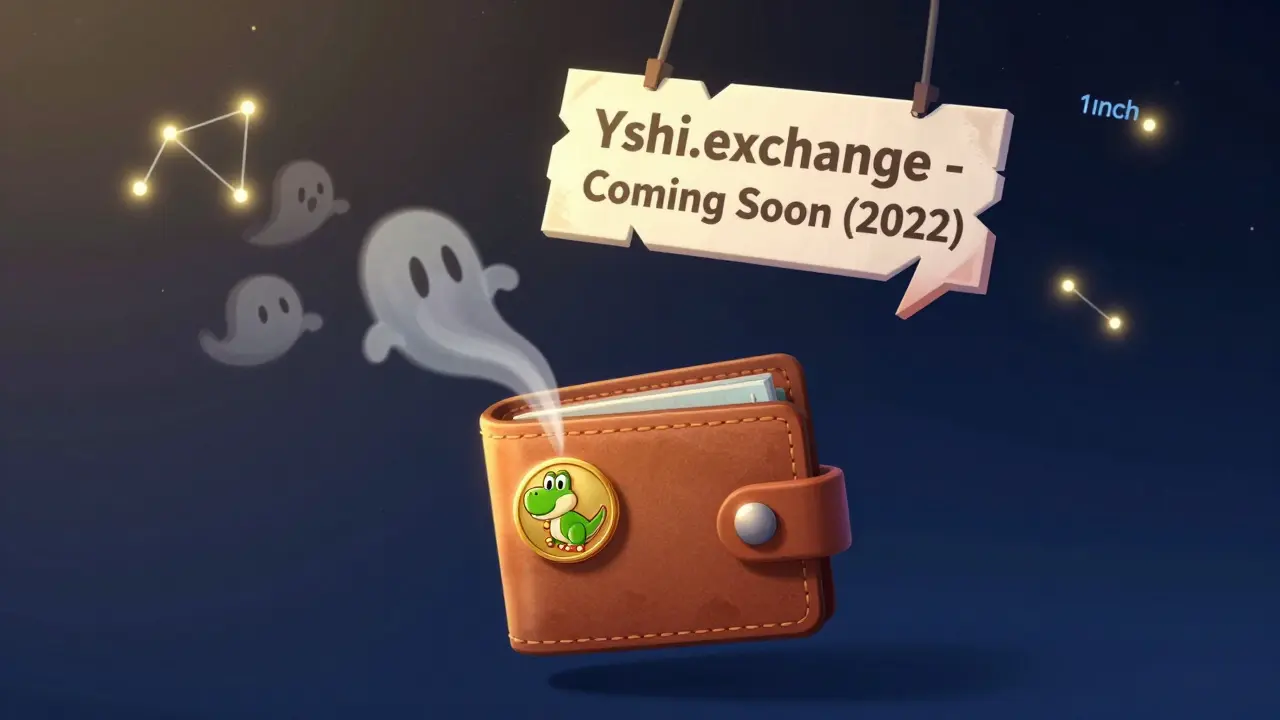 A wallet holding a YOSHI token as failed transactions fade away, with better exchanges glowing in the distance.