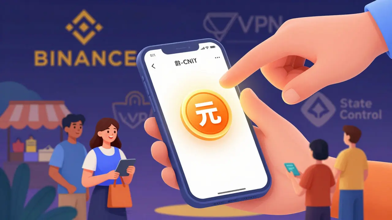 A warm digital yuan app in use by happy citizens, while fading crypto logos disappear under a state control hand.