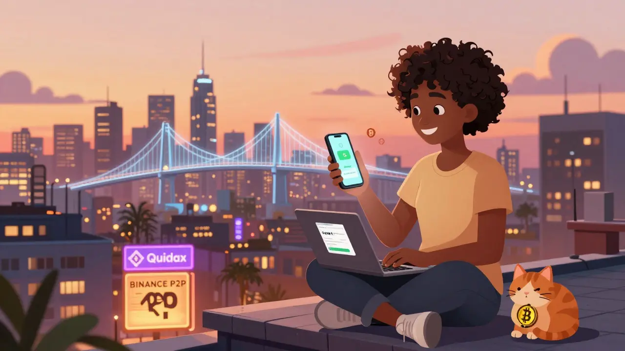 A young woman on a Lagos rooftop receives a crypto payment, with digital bridges connecting her to the U.S. and glowing app icons below.