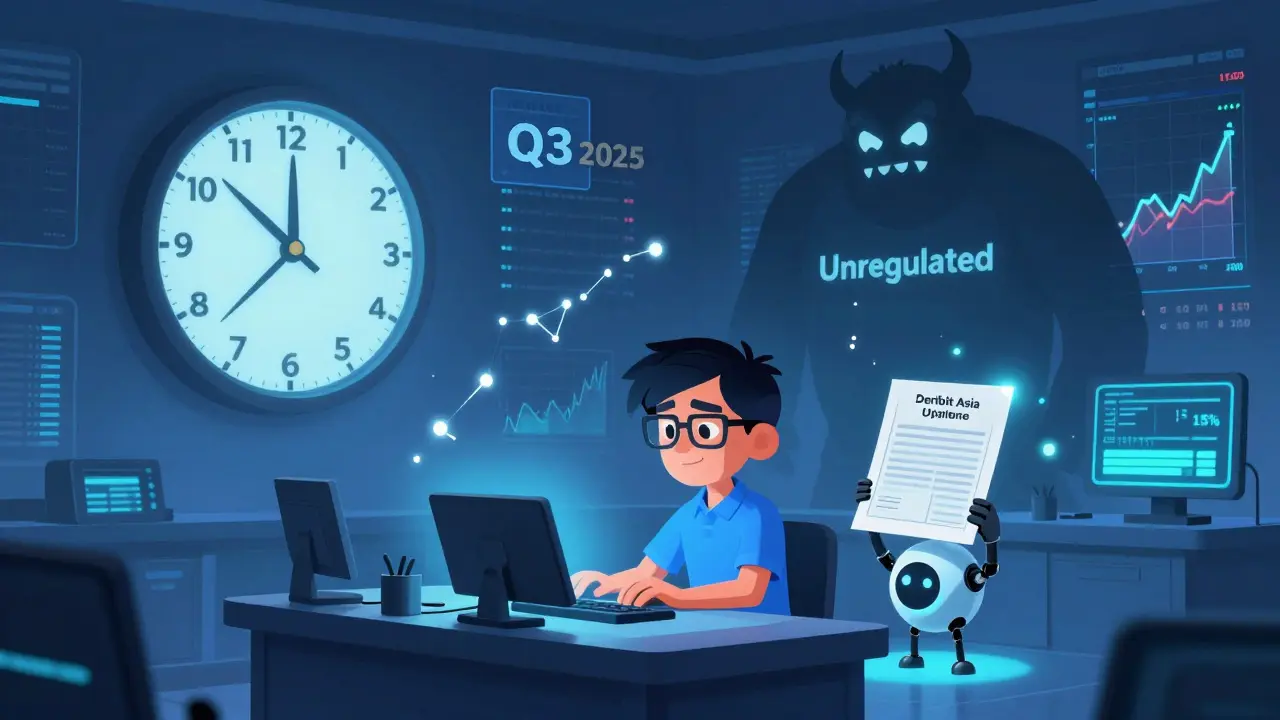 An algorithmic trader in a control room with European options expiring, a regulatory shadow, and a MAS license application.