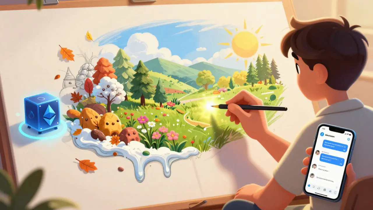 An artist paints an NFT that transforms through the seasons, with a blockchain node glowing softly nearby.