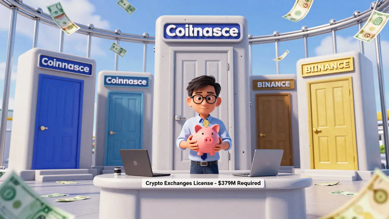 An entrepreneur facing a massive license application desk with a tiny piggy bank, surrounded by closed international exchange logos.