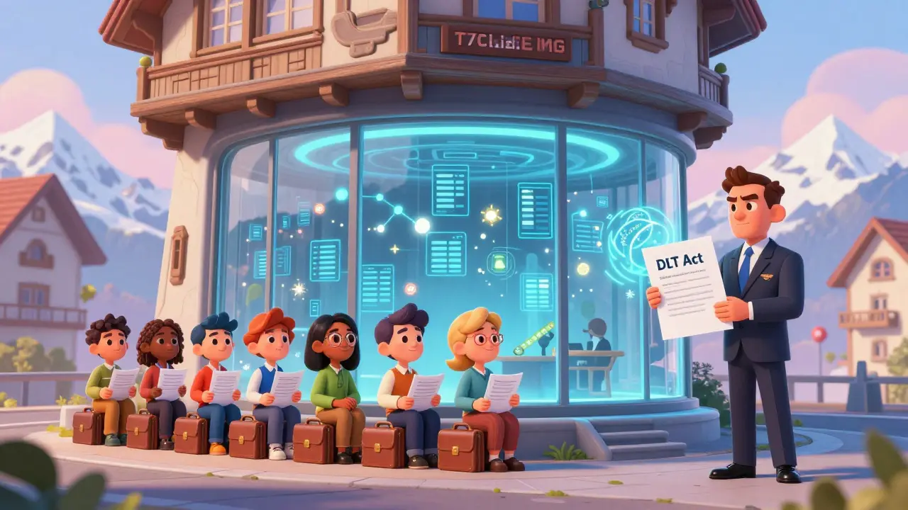 Cartoon illustration of a blockchain foundation building in Zug with floating digital ledgers and FINMA regulators holding the DLT Act document.