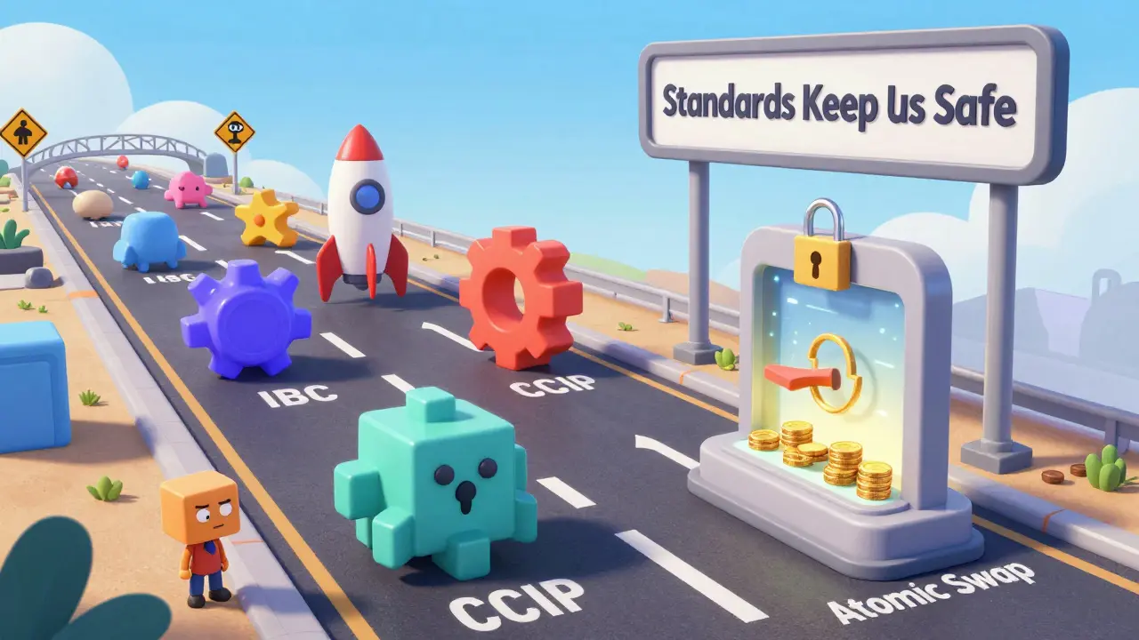 Colorful blockchains traveling safely on a highway marked with interoperability protocols.