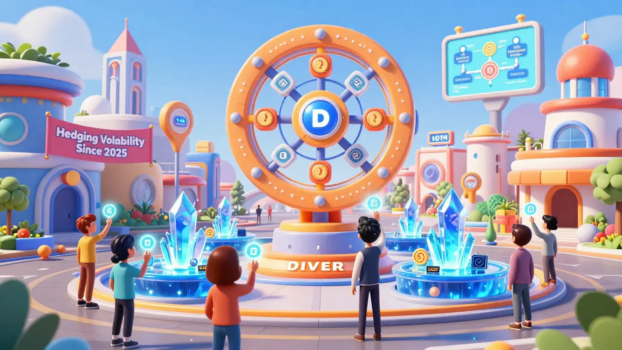 Community members voting with DIVER tokens in a futuristic DeFi town, surrounded by liquidity pools and roadmap upgrades.
