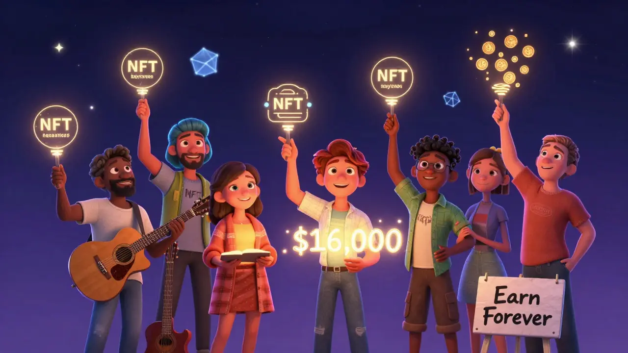 Creators under a starry blockchain sky, watching royalties flow from their NFTs, in Pixar style.
