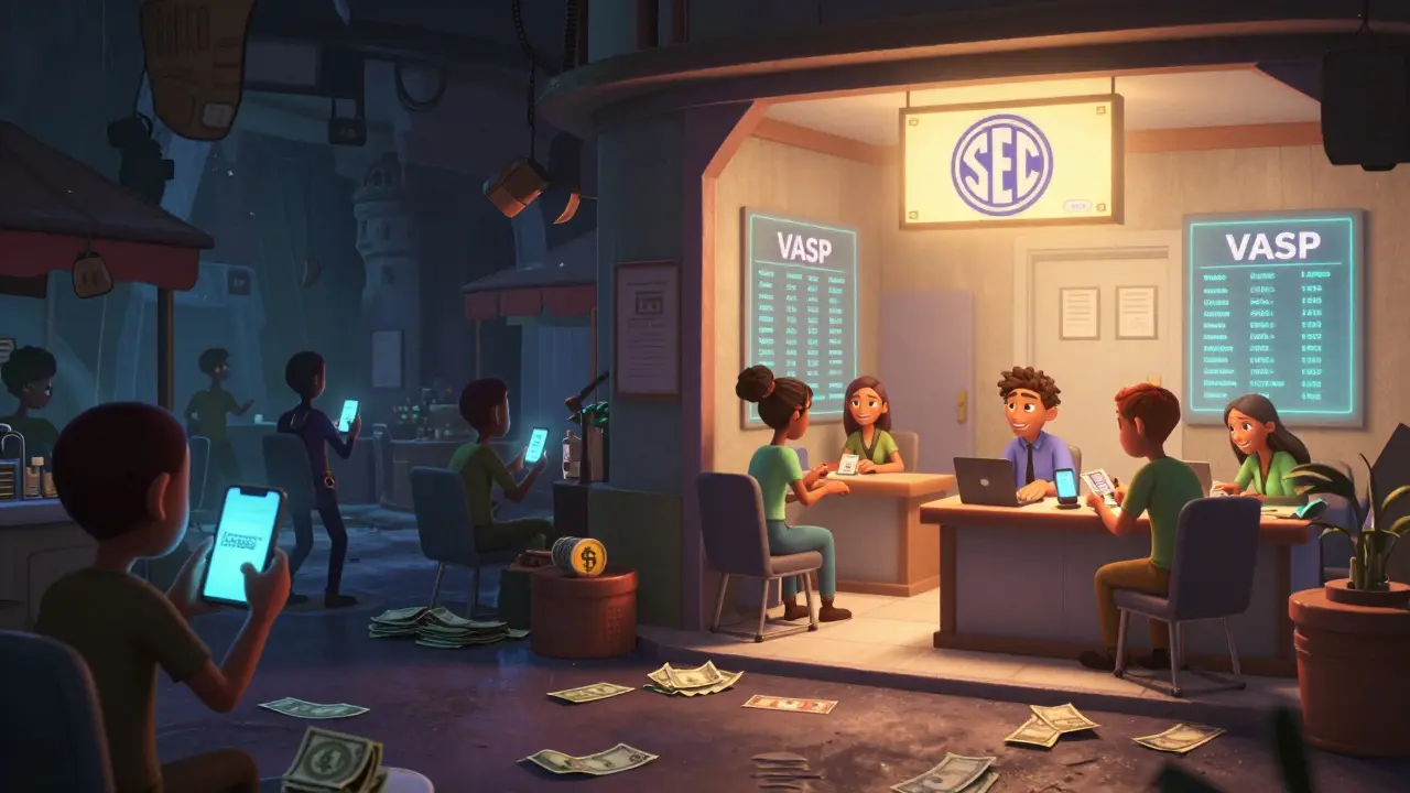 Dark underground crypto trade transforming into a bright, licensed financial hub with glowing licenses.