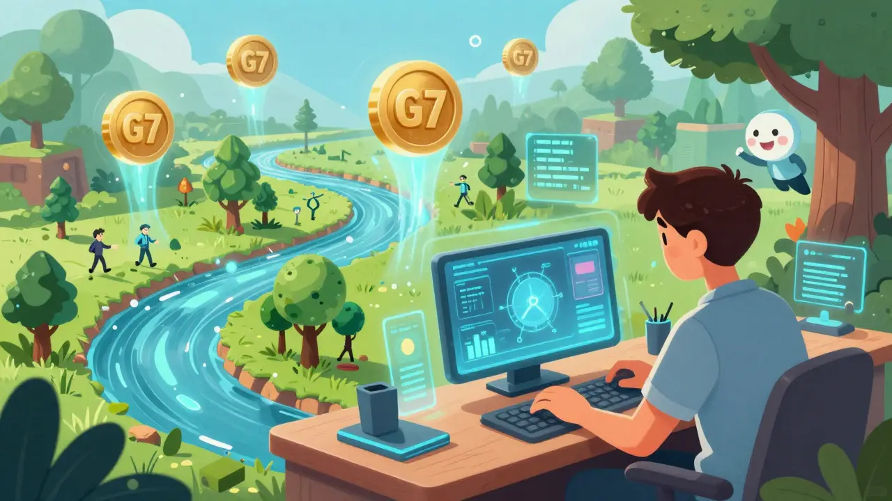 Developer building a living game world with floating G7 tokens powering player-driven changes.
