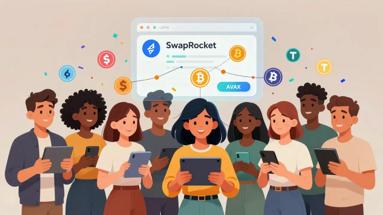 Diverse users smiling as crypto tokens flow seamlessly between interconnected blockchain networks.