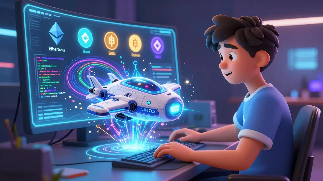 Game designer minting a spaceship NFT with glowing blockchain code around it.
