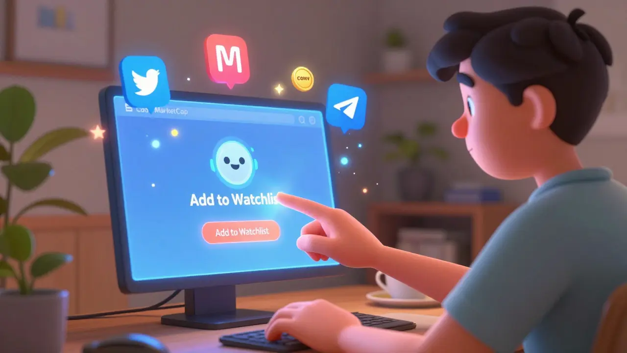 Hand clicking &#039;Add to Watchlist&#039; on CoinMarketCap with social media icons floating nearby.