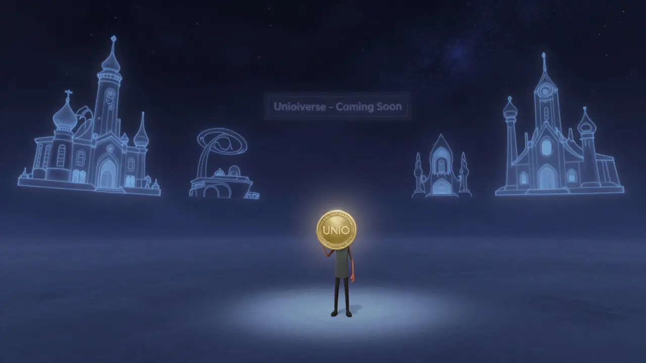 Lone player holding a glowing UNIO coin in an empty arena with flickering game worlds in the distance.