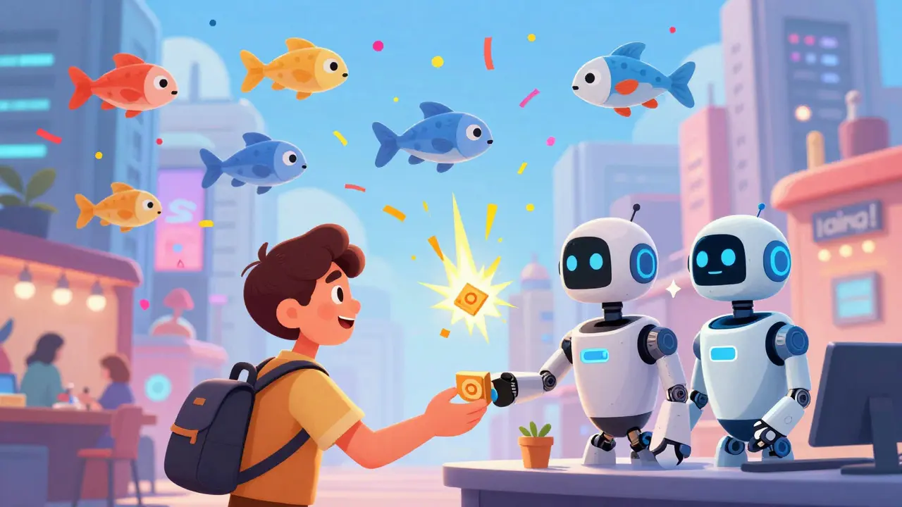 NFTs flying through a digital marketplace, each sale sending payments to an artist’s studio, in Pixar style.