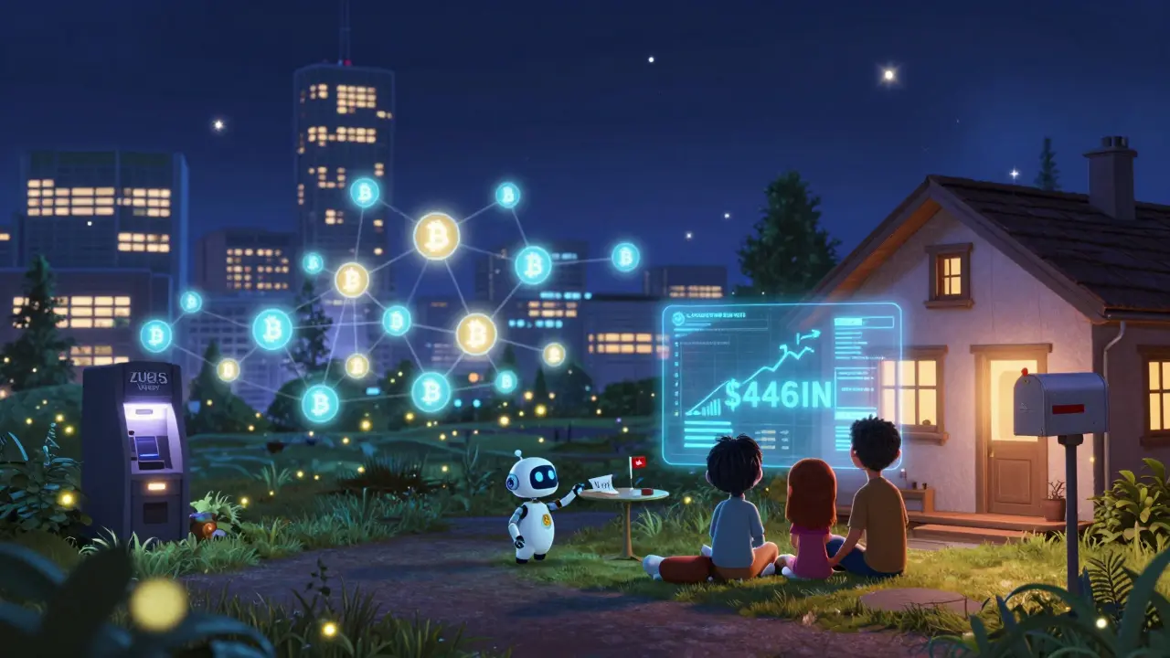 Nighttime view of Zug’s Crypto Valley with glowing blockchain nodes connecting businesses and homes under a starry sky.