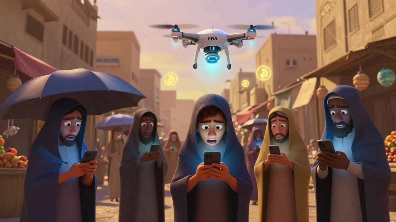 People secretly trading crypto on phones in a Cairo market while a surveillance drone scans social media above, glowing crypto icons flicker in the air.