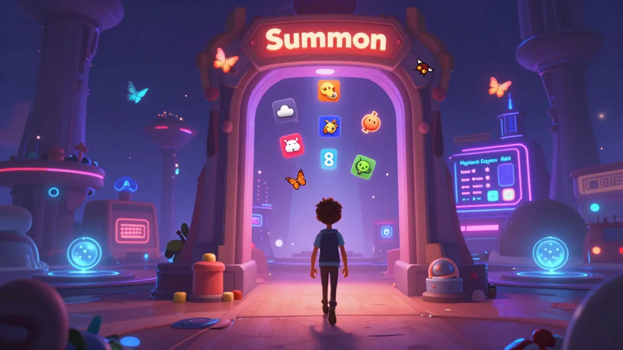 Player entering a magical metaverse hub where their avatar grows stronger with every game played.