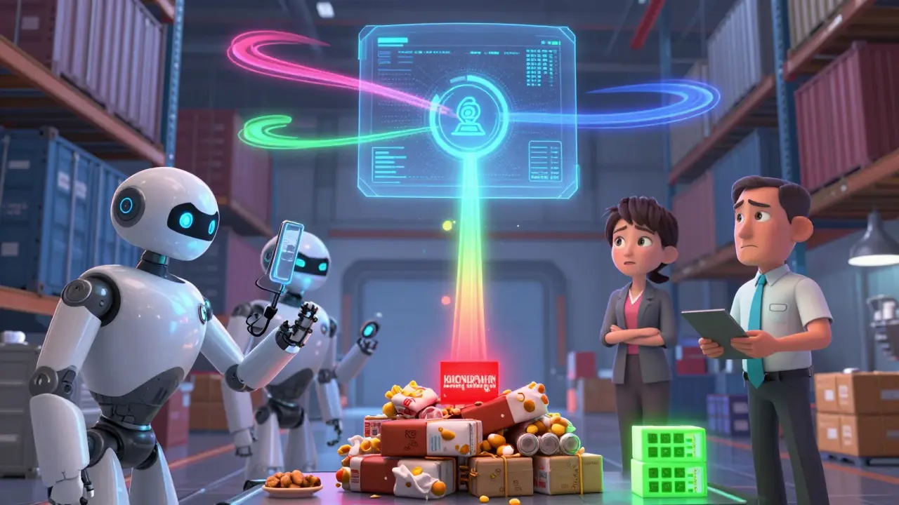 Robots scan shipping containers as colorful data ribbons highlight spoiled food and safe medicine on a digital ledger.