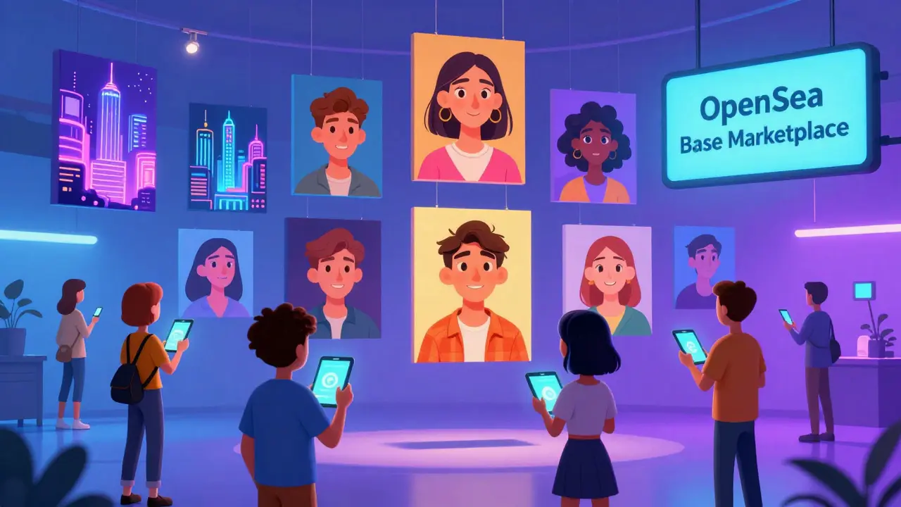 Ten colorful NFT artworks float in a digital gallery, admired by viewers using holographic tablets.