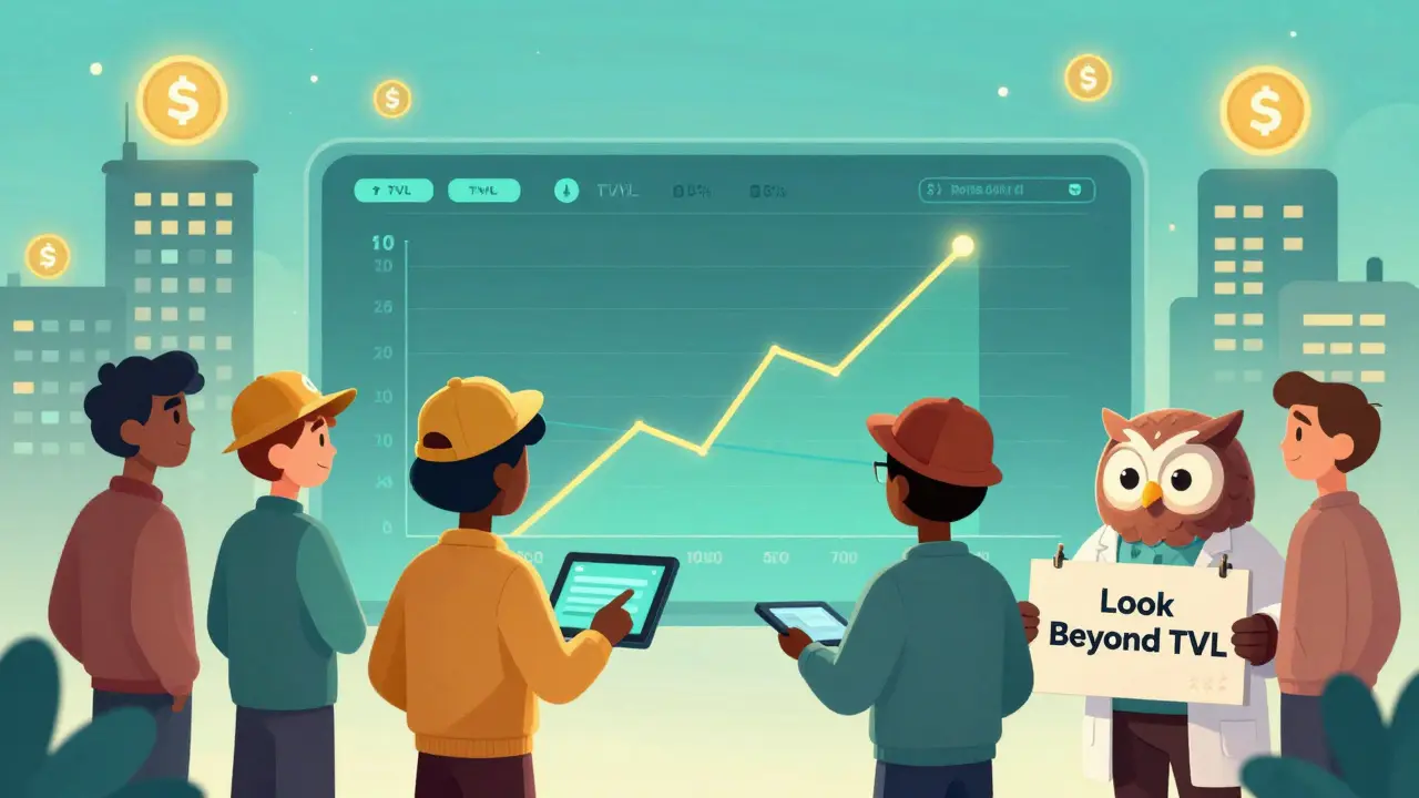 Users analyzing a DeFi dashboard with an owl guiding them to look beyond TVL numbers.