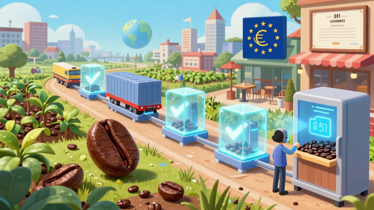 A coffee bean's journey across the globe tracked by glowing blockchain blocks, with a smart fridge making a tiny automated payment.