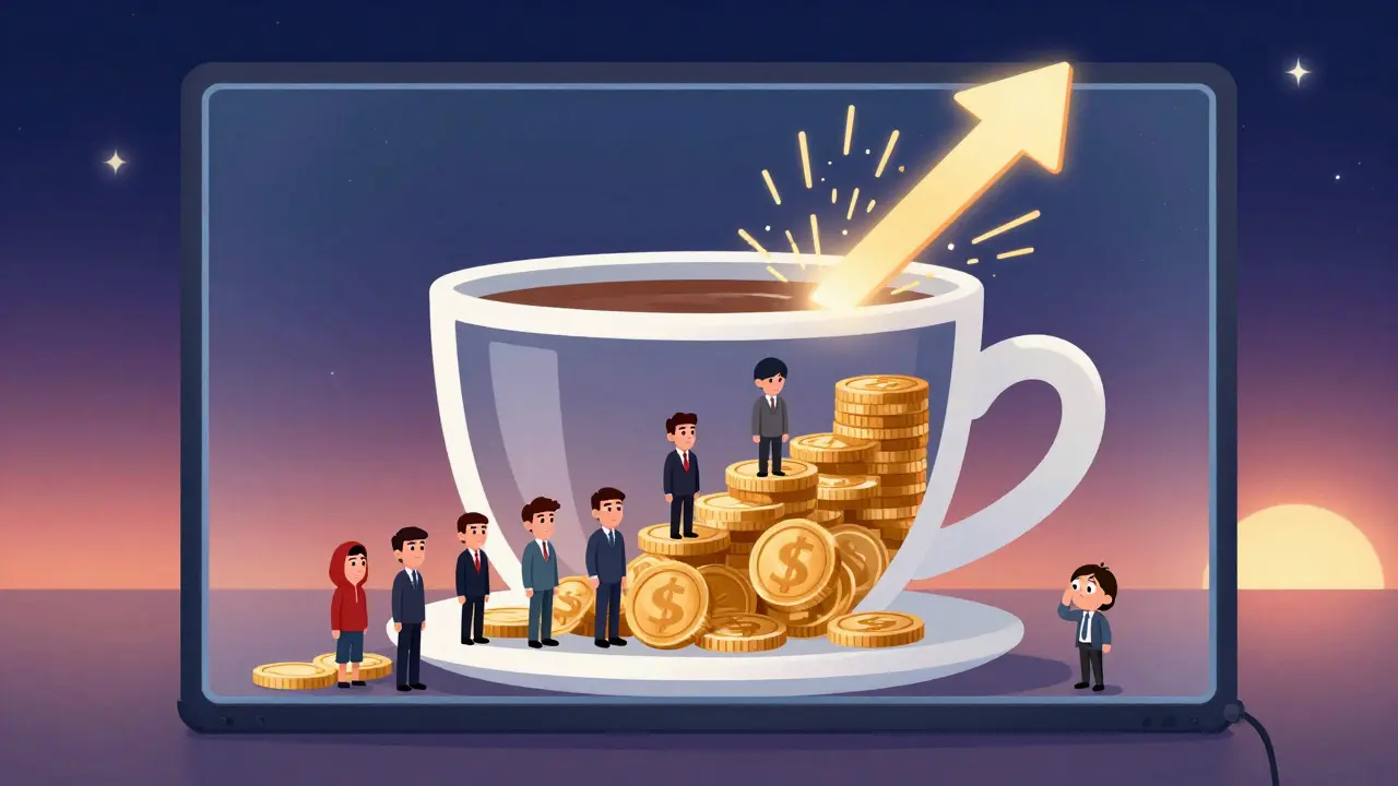 A coffee cup chart pattern forming on a screen, with traders accumulating coins and volume exploding above the handle.