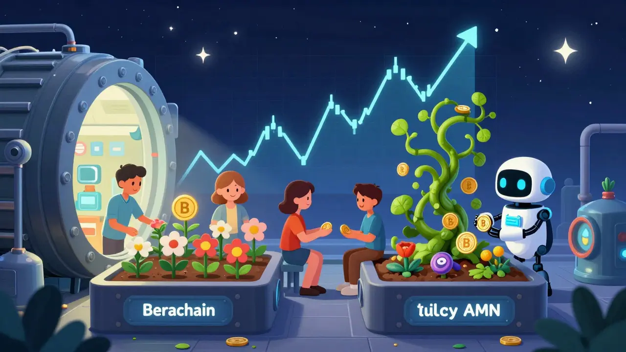 A cozy vault with two digital gardens representing concentrated and full-range liquidity, a robot handing out BERA coins to happy users.