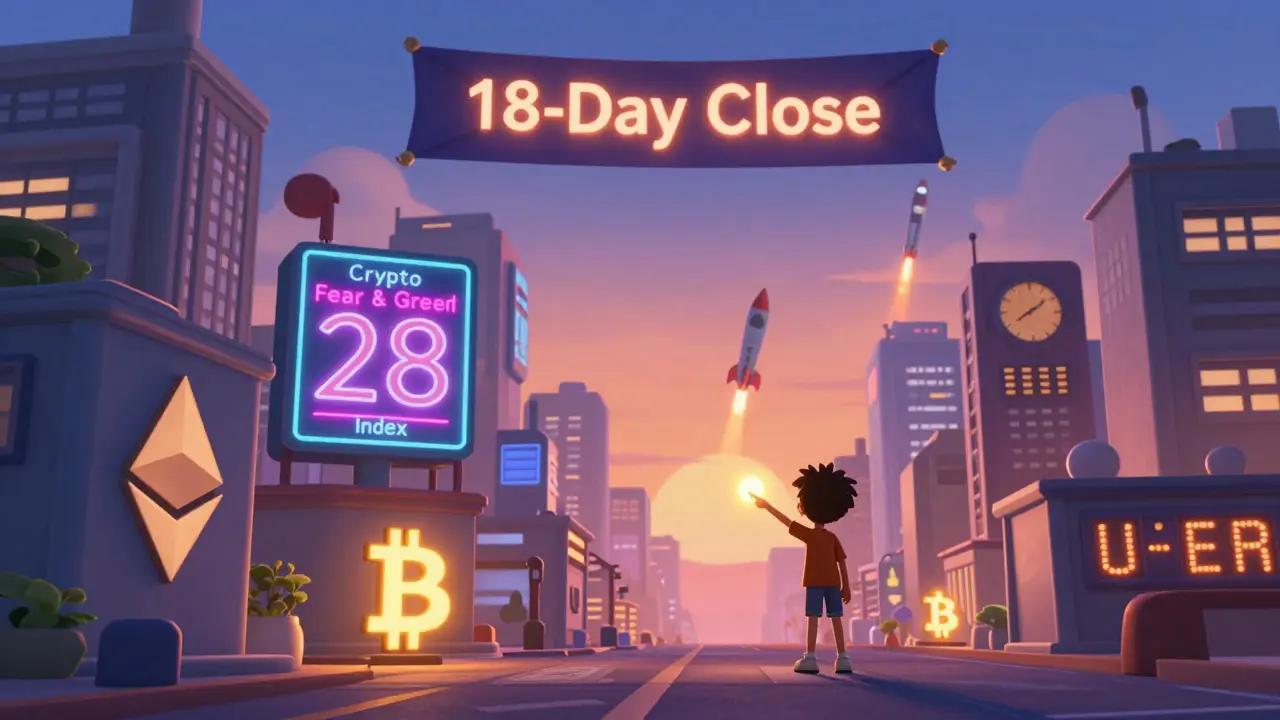 A crypto cityscape at twilight with a fear index at 28, an 18-day close banner, and ETF rockets launching into the sky.