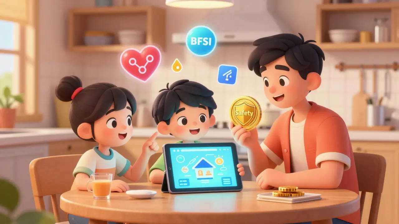 A family using a tablet to explore blockchain investments in healthcare, real estate, and stablecoins, surrounded by friendly digital icons.