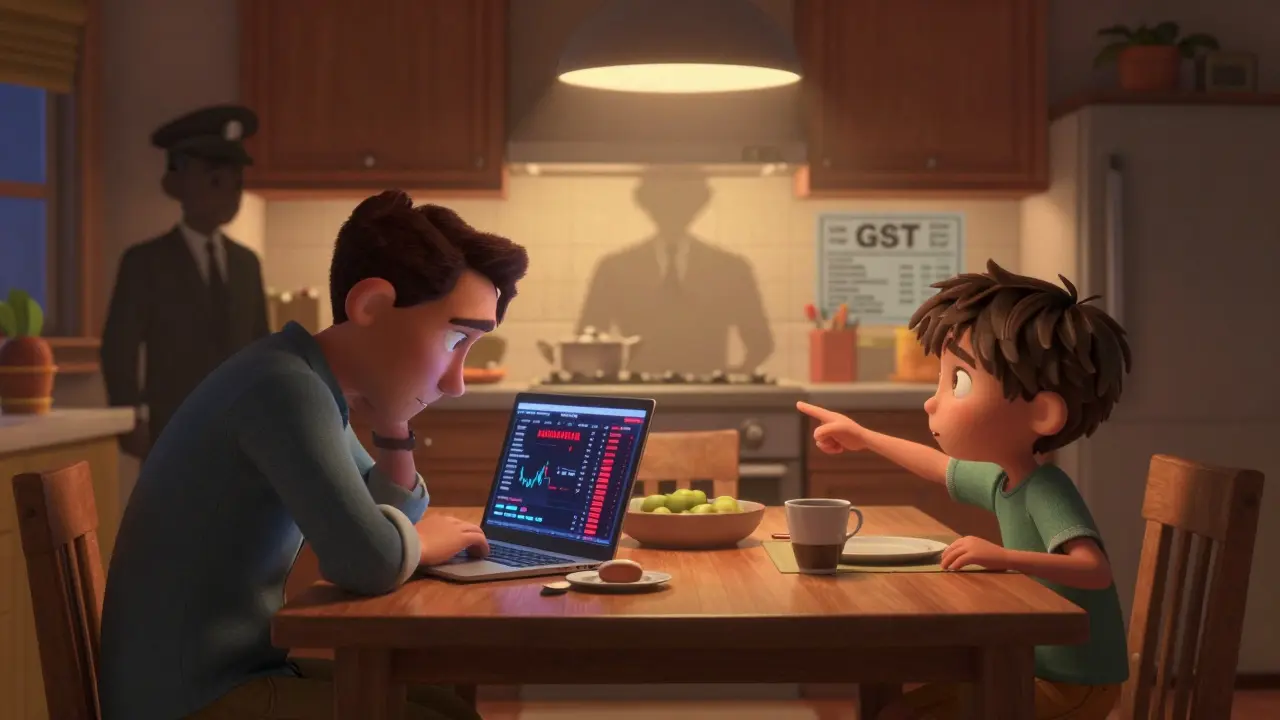 A father hides his crypto laptop at dinner while his child points to an audit news report.