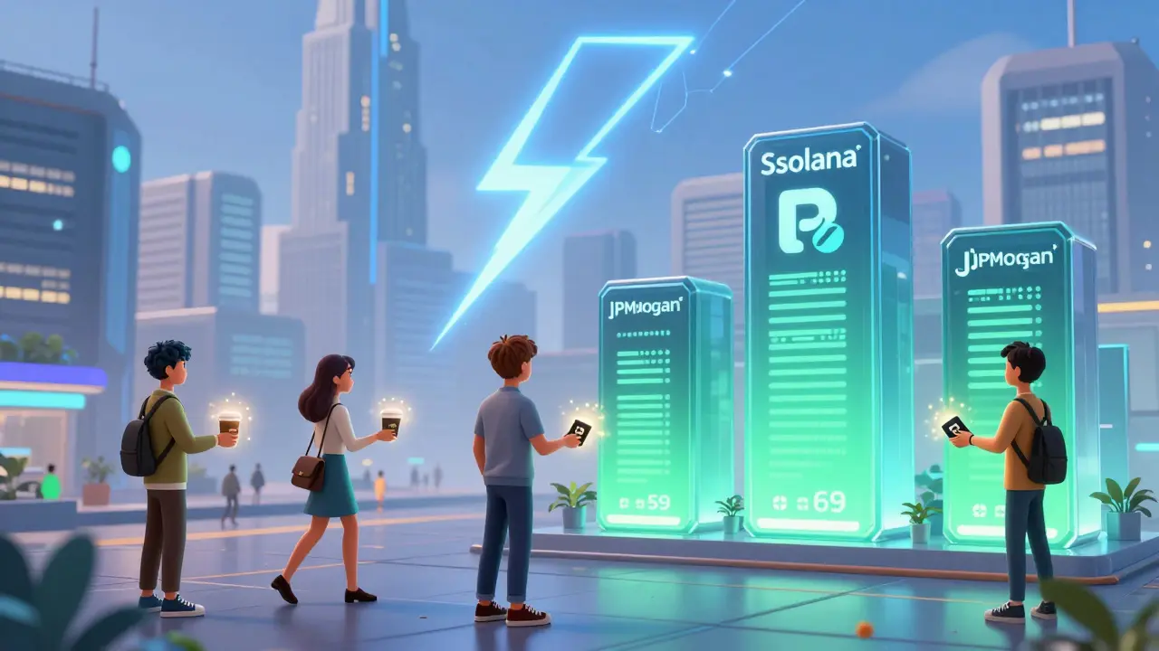 A futuristic city where people pay instantly with crypto, Solana’s lightning bolt zipping through the skyline.