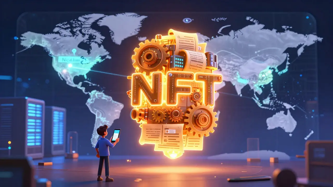 A glowing NFT with mining gear and code patterns floating above a global map of data centers.