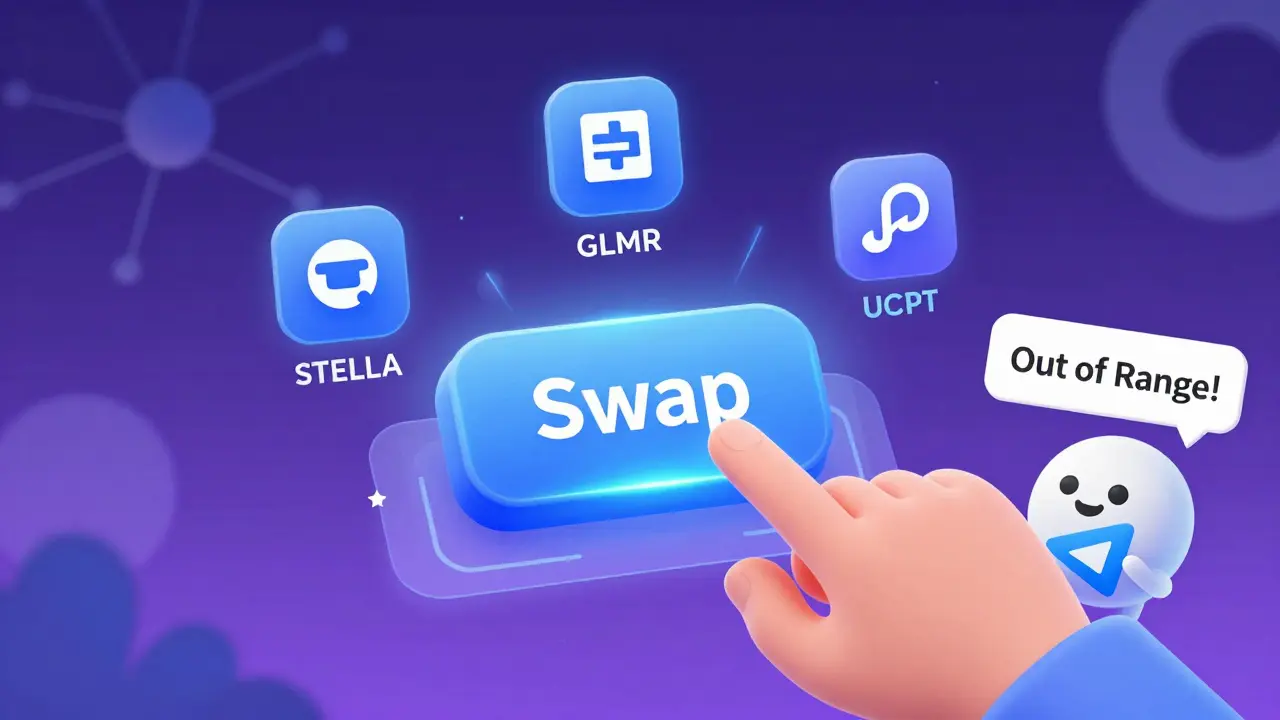 A hand clicks a glowing swap button surrounded by floating crypto tokens, with a tiny Telegram bot alerting about an out-of-range liquidity position.