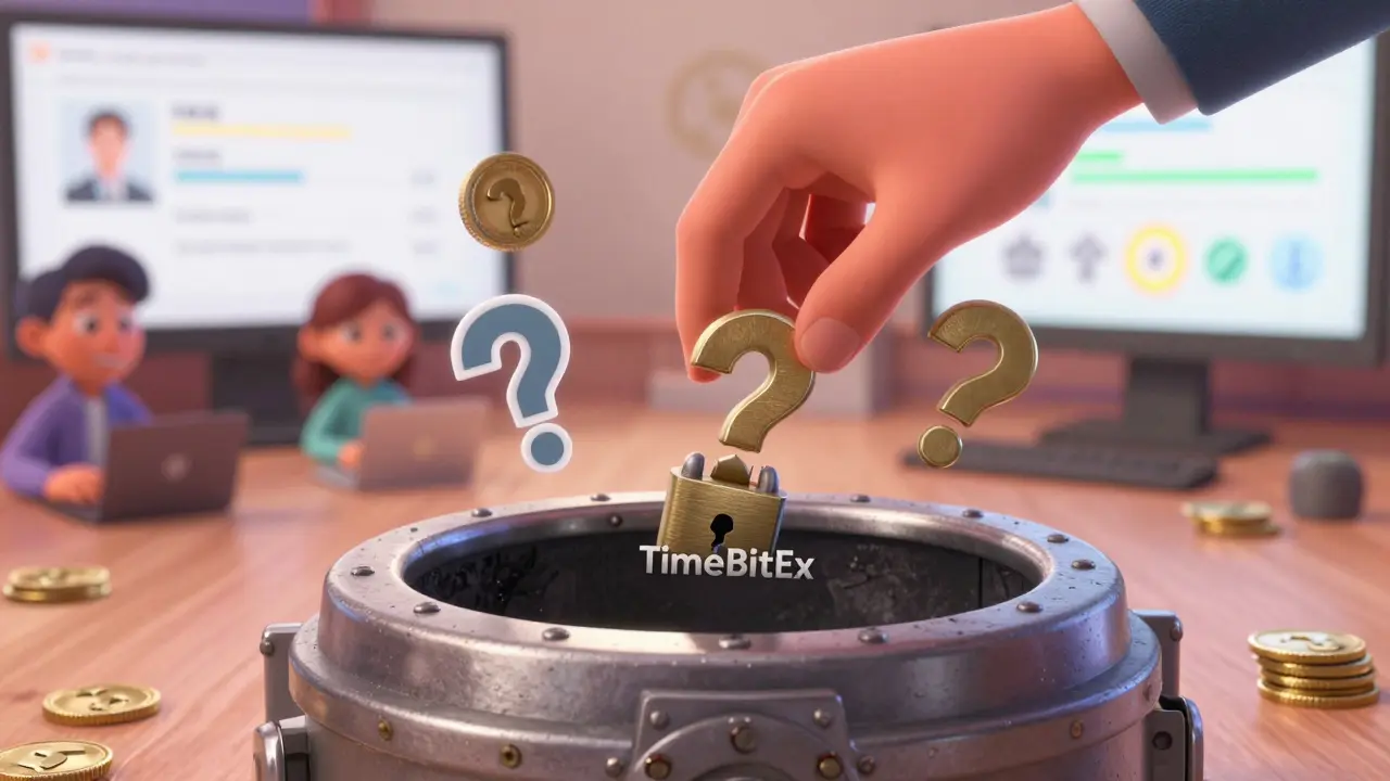 A hand deposits crypto into a bottomless vault with question marks floating around, while others safely withdraw to personal wallets.