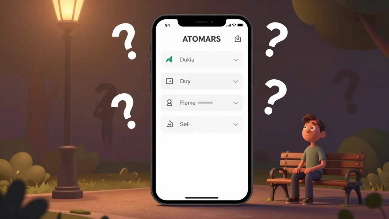 A minimalist mobile app screen with missing features surrounded by question marks, a confused user on a park bench.