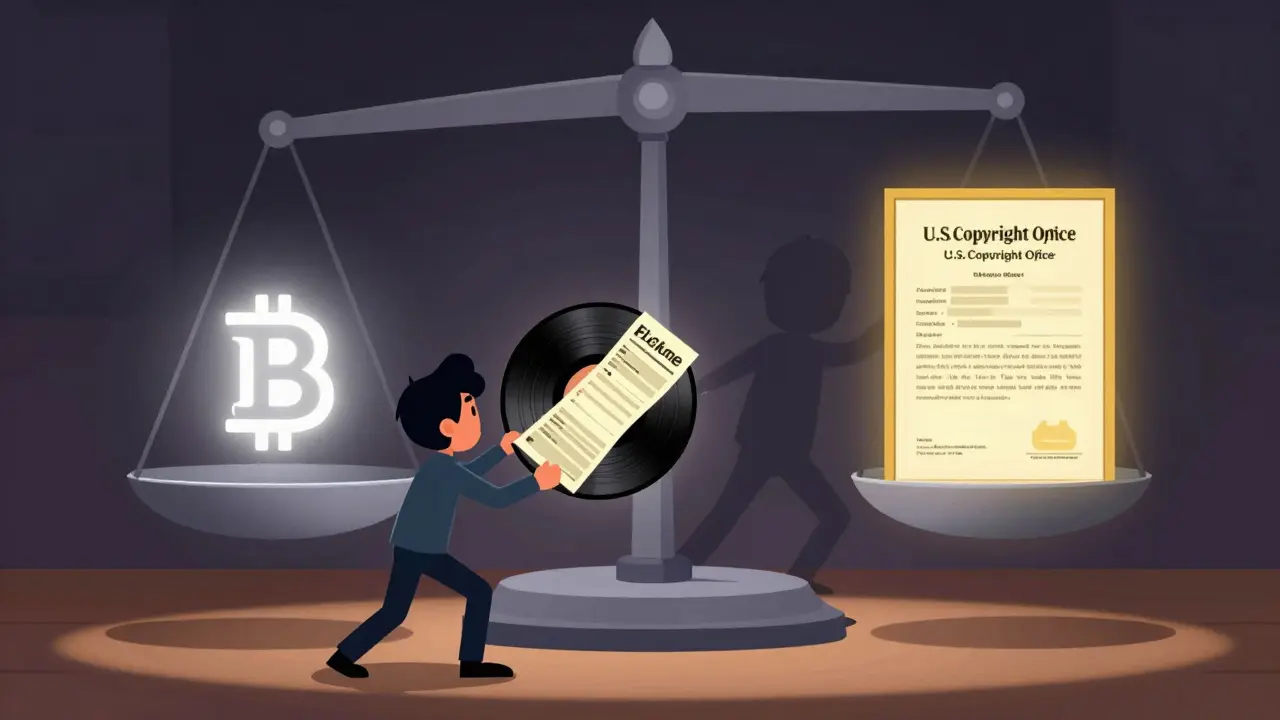 A musician comparing a blockchain receipt with an official copyright certificate on a courtroom scale.