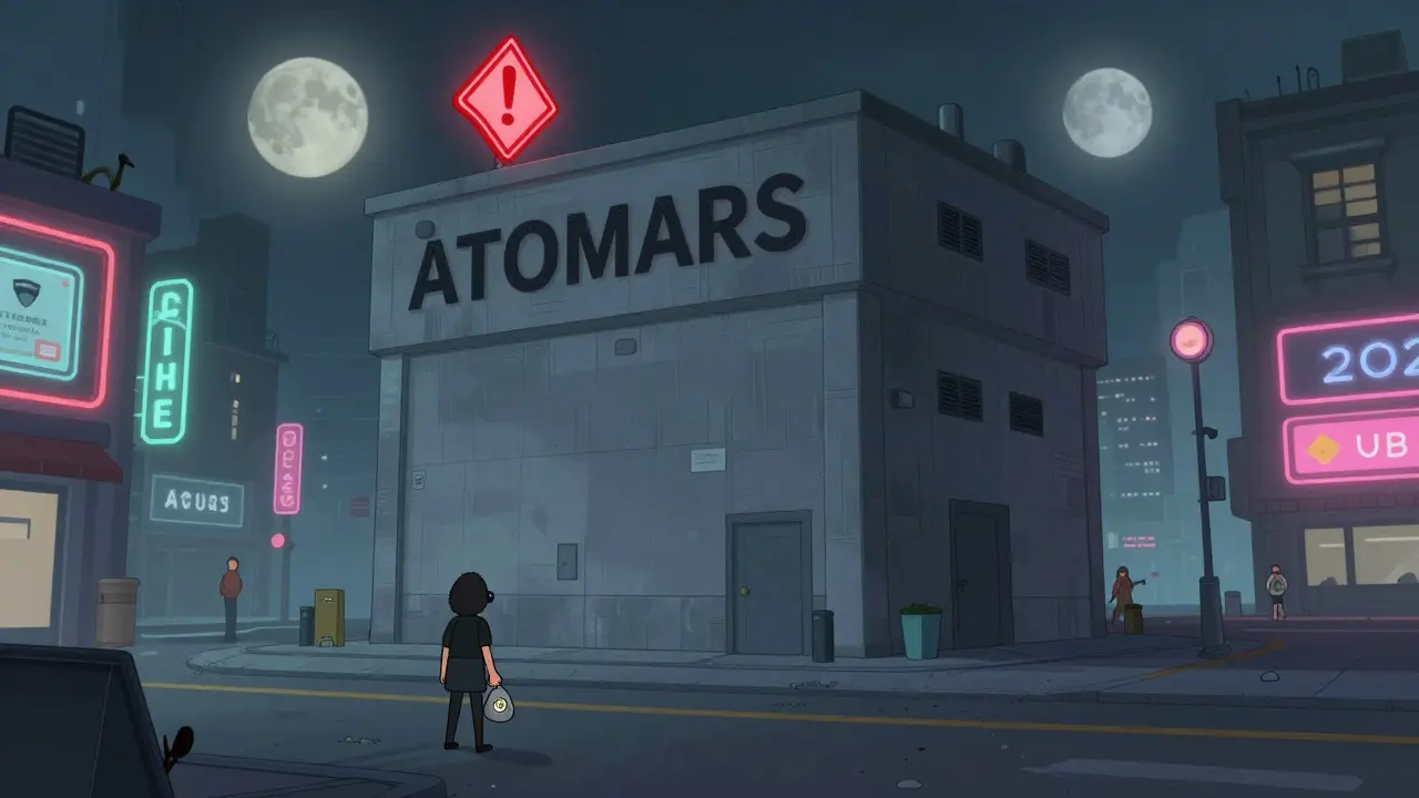 A mysterious faceless ATOMARS building alone on a dark digital street while other exchanges glow with security and users.